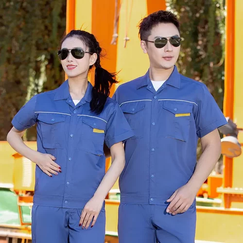 薄款工作服短袖套装男车间厂服