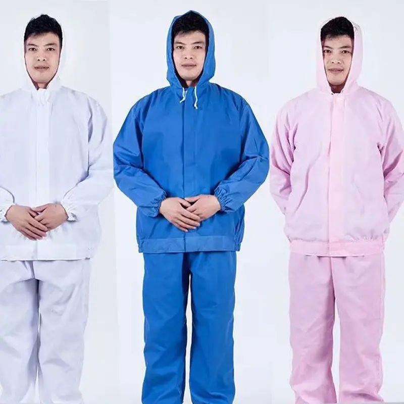 食品加工连帽男女食品白色蓝粉套装卫生车间洁净服工装制服保洁服