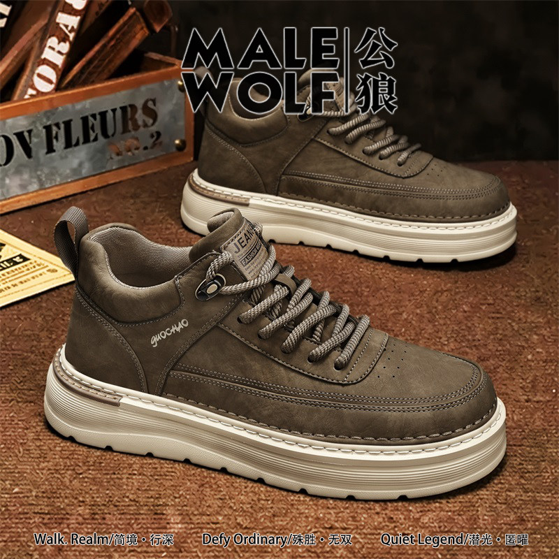 公狼潮牌男鞋2026秋冬新款潮流百搭厚底男士英伦风复古工装休闲鞋