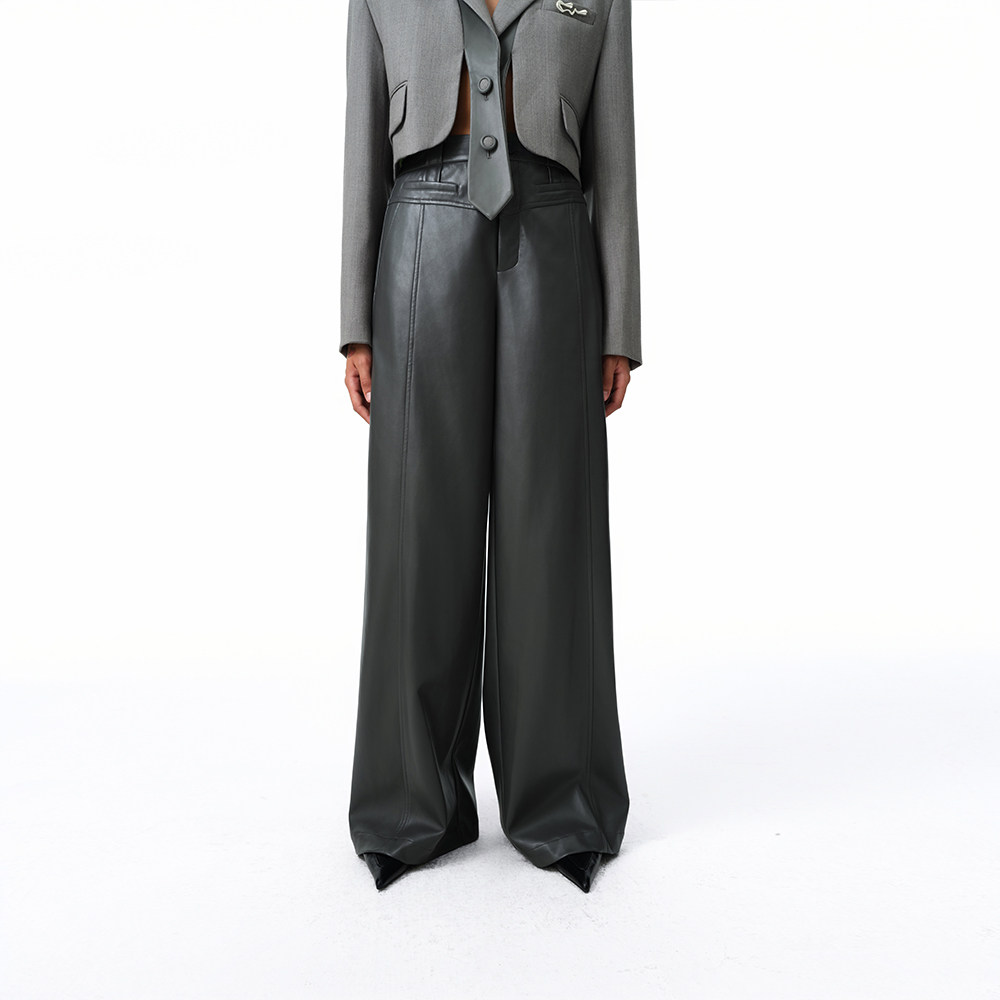 DI.AD 宽松休闲阔腿设计感直筒长裤女2024秋季新款廓形高腰皮裤,女装/女士精品,休闲裤,淘宝优惠券,粉丝福利购,淘宝优惠卷