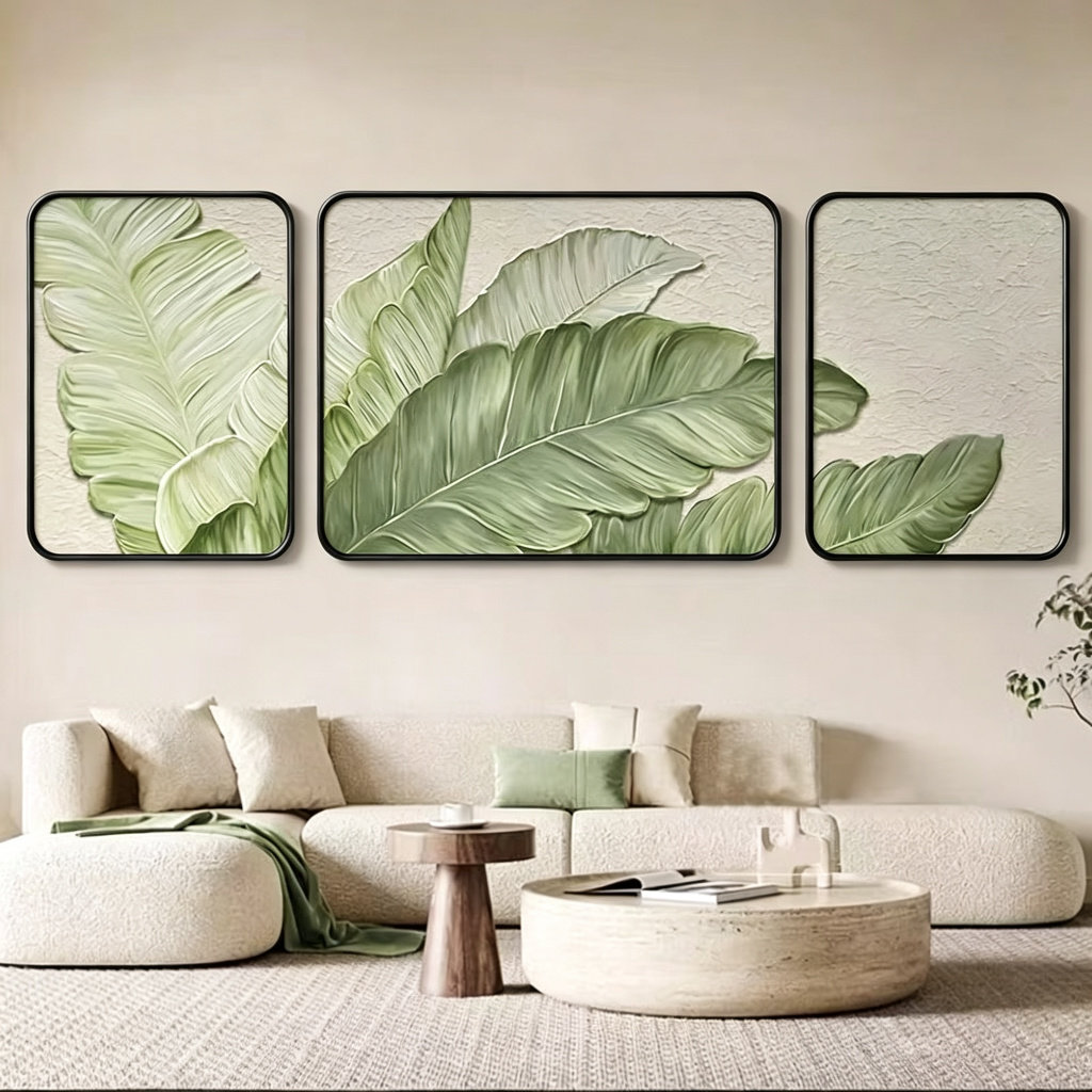 家大业大装饰画绿植沙发客厅壁画奶油风肌理感三联挂画绿叶装饰画