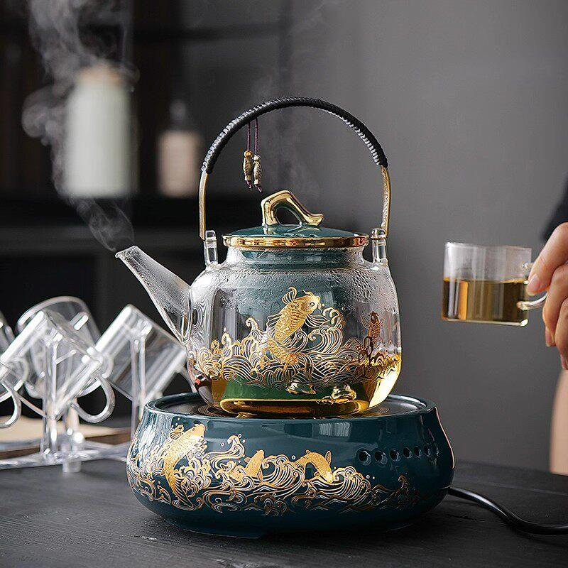 高档玻璃提梁壶轻奢黑晶炉煮茶器功夫茶具套组家用围炉煮茶烧水壶