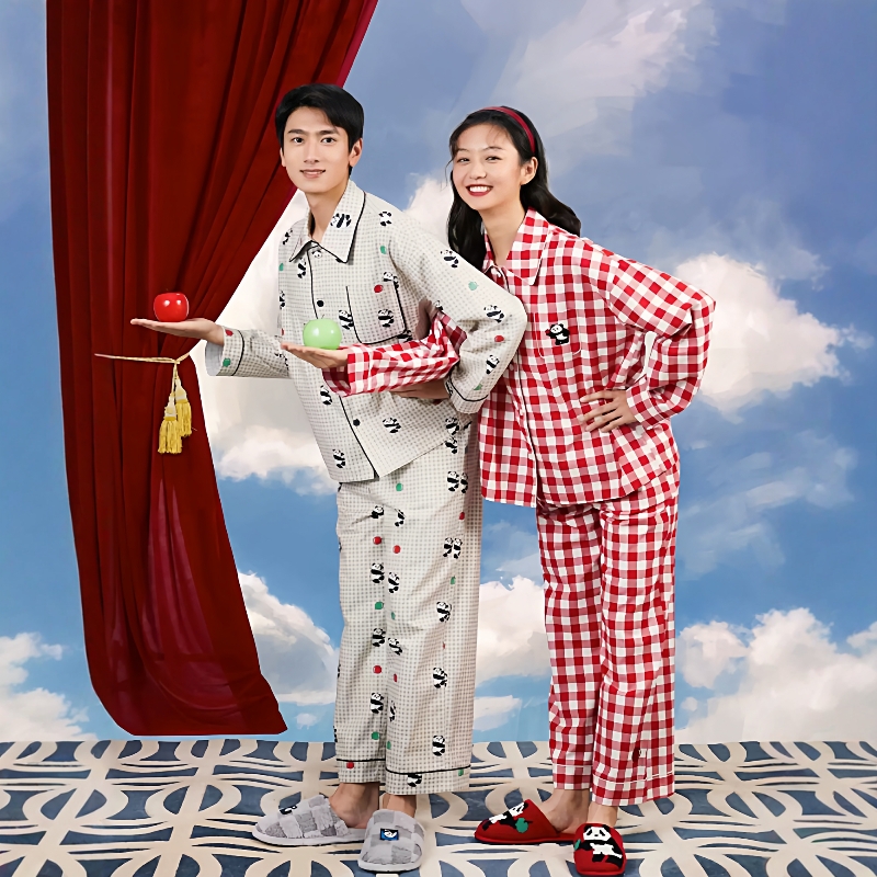 野兽P同款家居熊猫嘭嘭加厚全棉法兰绒家居服套装可外穿情侣睡衣