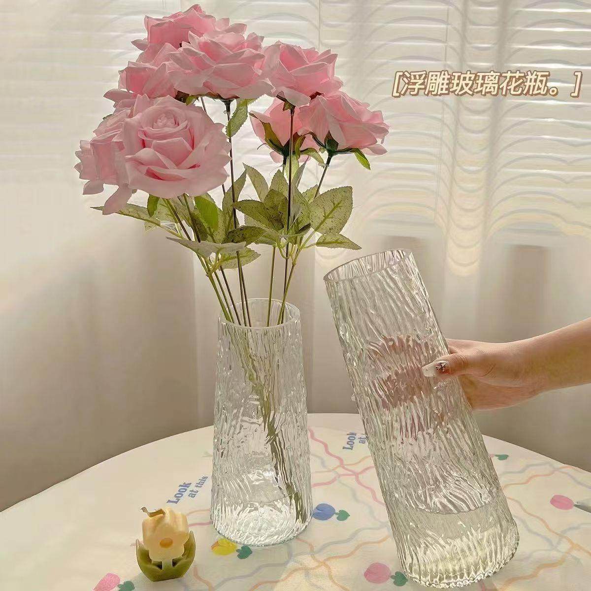 玻璃花瓶透明浮雕客厅摆件轻奢网红高级感水养培家用插花绿植创意