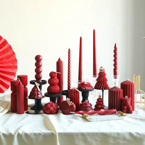 红蜡烛法式复古酒红色香薰浪漫情调喜烛结婚家用烛台摆件