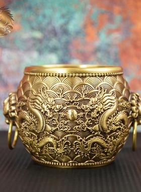 宏达 全黄铜浮雕二龙戏珠铜缸家居玄关狮头龙纹缸摆件