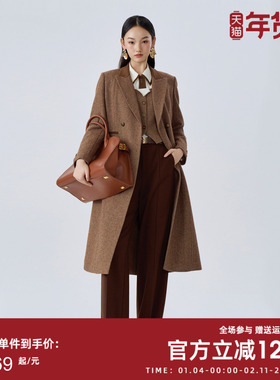 曼诺比菲商场同款冬季人字呢中长款羊毛呢大衣外套MFSG142044