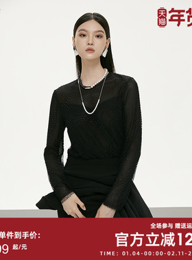 曼诺比菲商场同款2025春秋季黑色镂空设计长袖针织衫SGIT111019