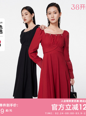 曼诺比菲商场同款春秋红色方领连衣裙女气质长裙子MFEL112230