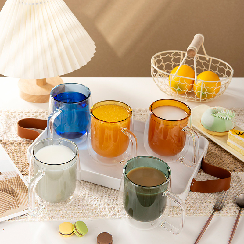 彩色双层把手杯 简约轻奢风格办公室泡茶咖啡饮料杯子现货