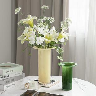 视远喇叭口芬顿奶玉色高级感玻璃花瓶酒店样板间现代简约插花装饰