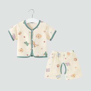 婴儿开裆裤套装纯棉纱布夏季薄款衣服男女宝宝短袖短裤分体两件套