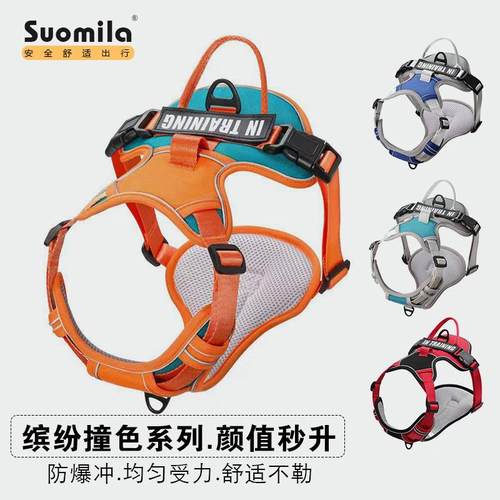 新款撞色狗狗牵引绳胸背带前扣式防爆冲拼色狗链子宠物用品亚马逊