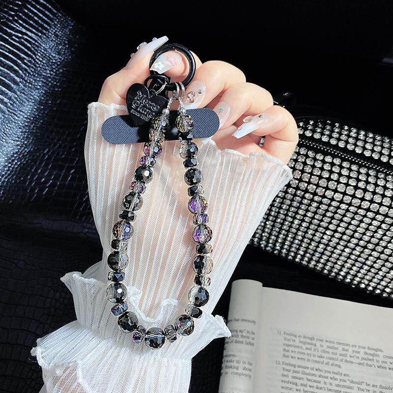 水晶手机链挂饰女款黑色宝石新款手机挂绳挂件包包挂链钥匙挂坠高