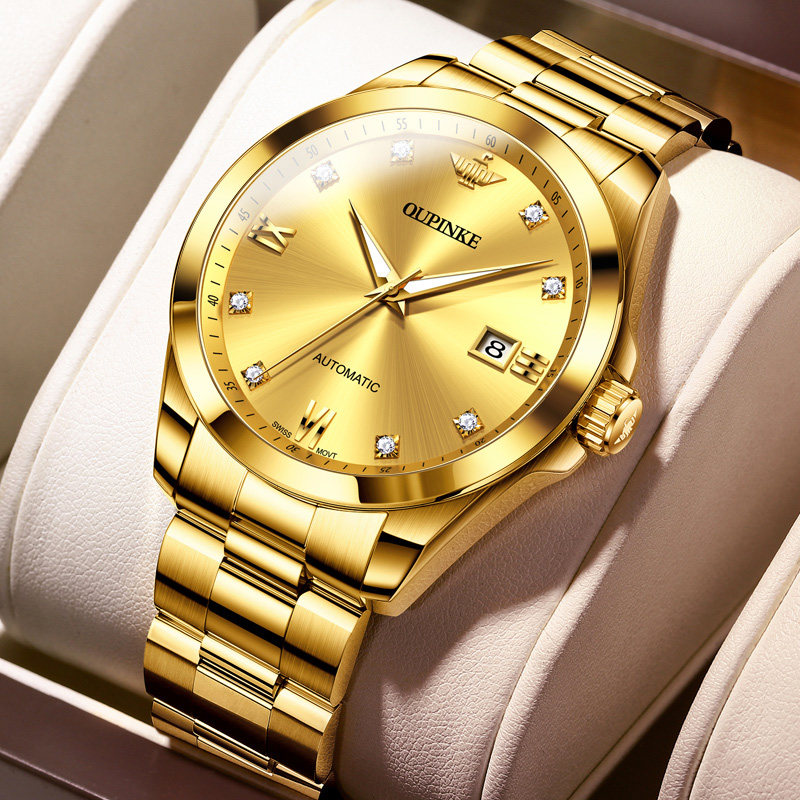 瑞士进口芯正品牌男士手表男款商务机械表男全自动真钻18K黄金色