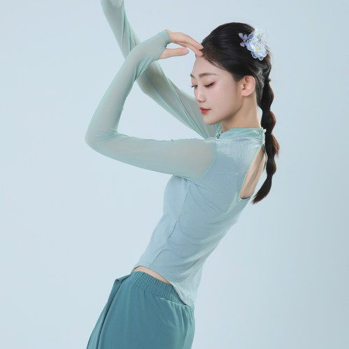 朵棠古典舞蹈服女新款旗袍领古风形体练功网纱宽松中国跳舞上衣