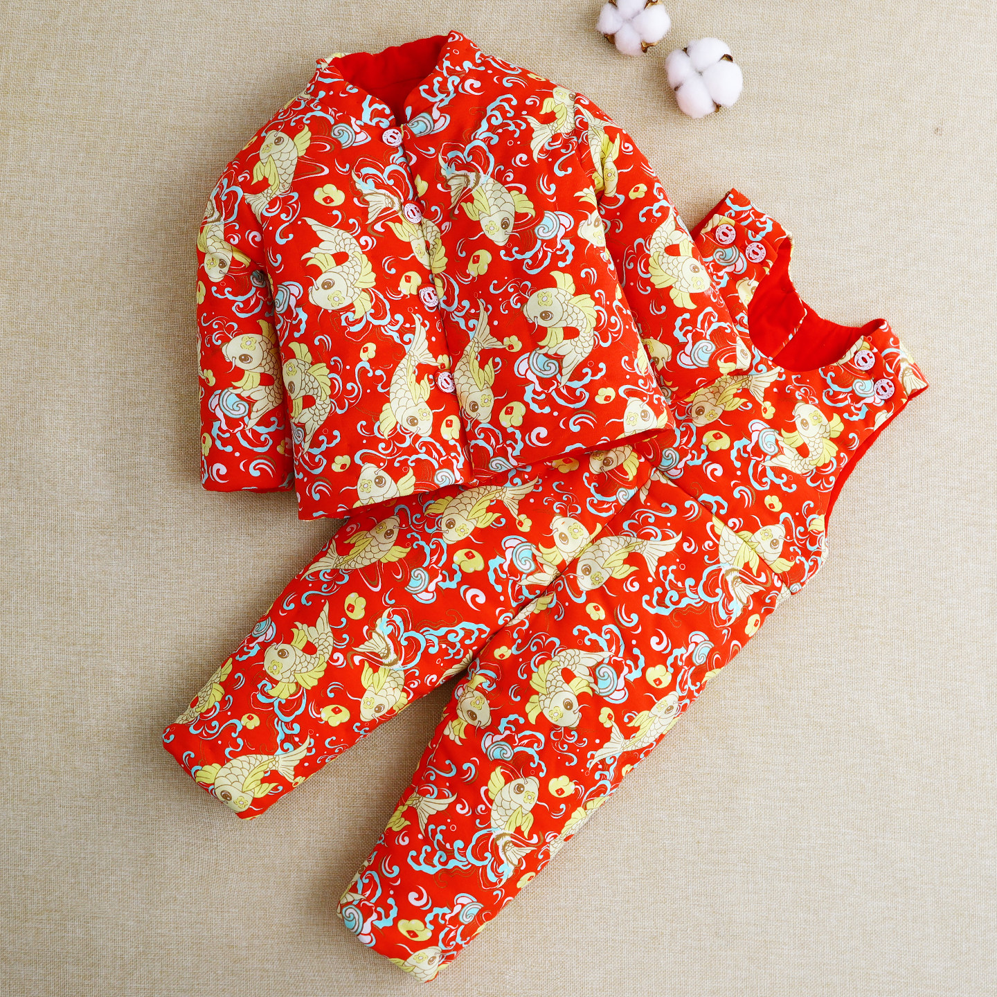 宝宝手工棉衣婴儿棉花棉袄套装男宝女孩秋冬装加厚保暖开裆外出穿