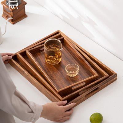 黑胡桃实木托盘茶杯水杯收纳盘日式长方形托盘咖啡杯木质托盘家用