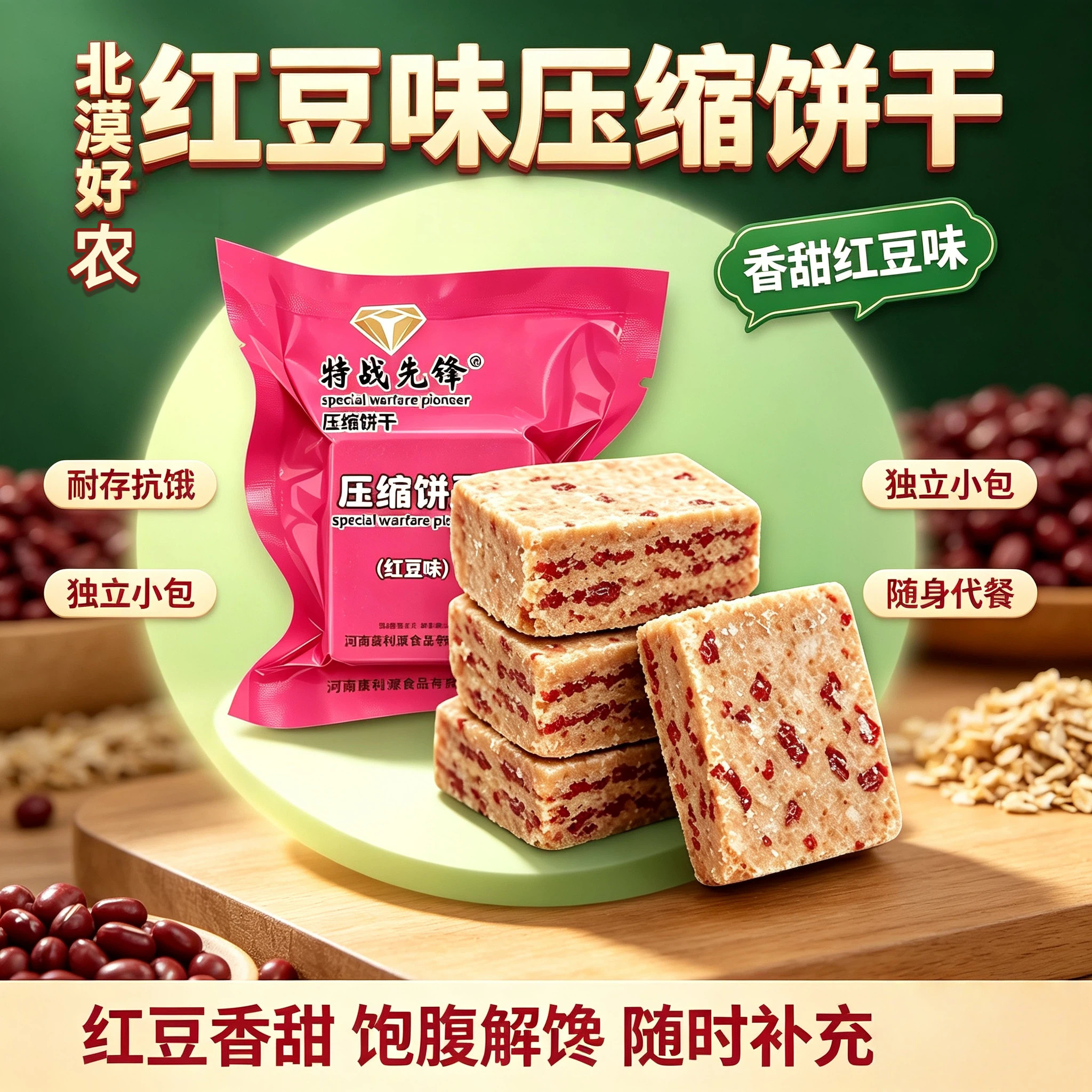 红豆味压缩饼干充饥解馋零食饱腹户外干粮代餐批发独立小包装顶饿
