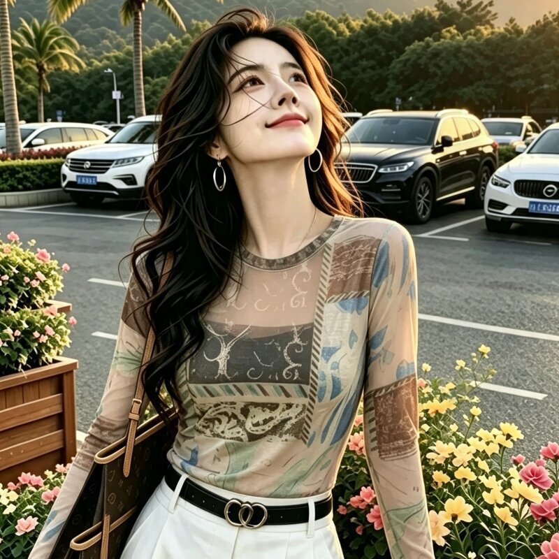 清仓秋季妈妈装中老年印花网纱长袖T恤女薄款防晒上衣洋气大码女