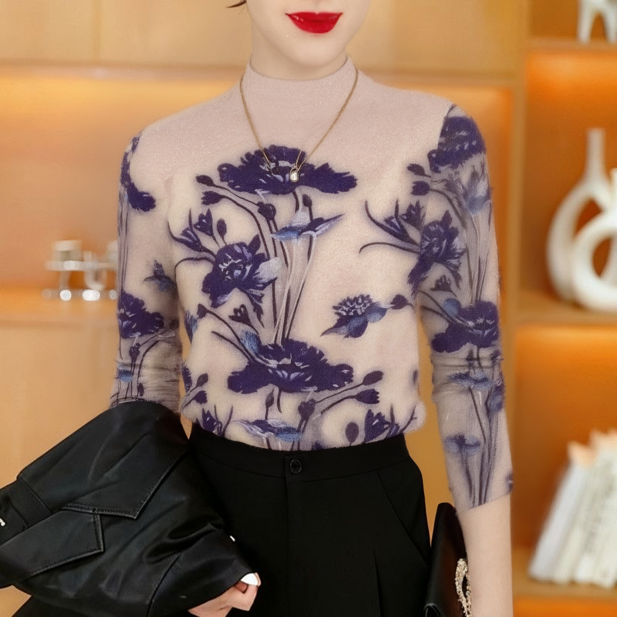 中老年女装长袖立领花朵印花打底