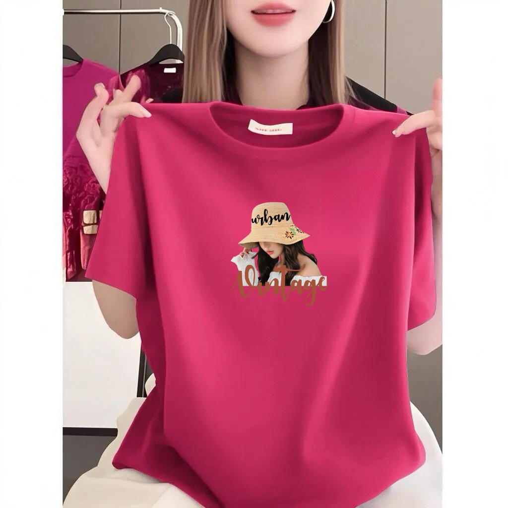夏玫红印花宽松圆领短袖T恤女