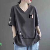 外贸妈妈V领t恤女夏天宽松大码 T恤 短袖 胖mm显瘦遮肚子韩版 时尚