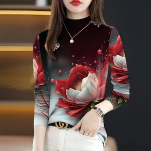 可外穿长袖 半高领打底衫 t恤女 中老年加绒加厚时尚 清仓外贸妈妈装
