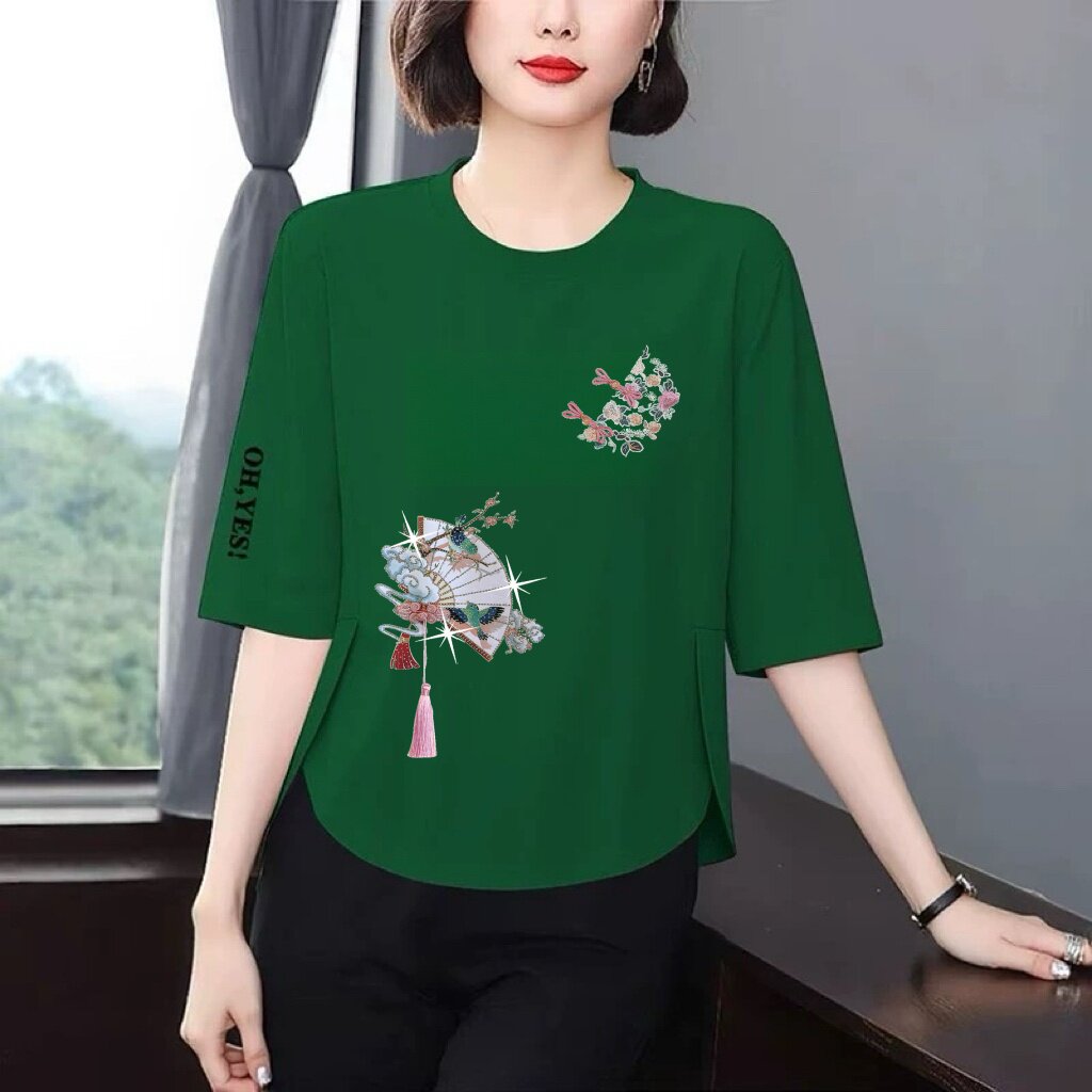 宽松印花七分袖T恤女中老年妈妈装显瘦遮肉休闲洋气减龄百搭上衣 - 魅絮女装旗舰店出品