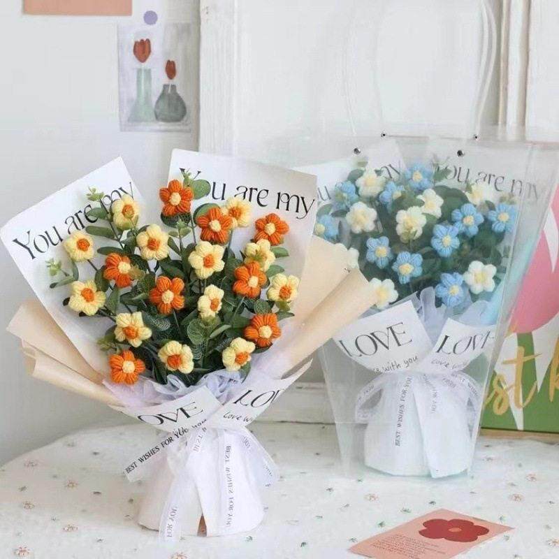 跨境爆款泡芙花束成品手工针织毛线花束生日手捧花情人节38节