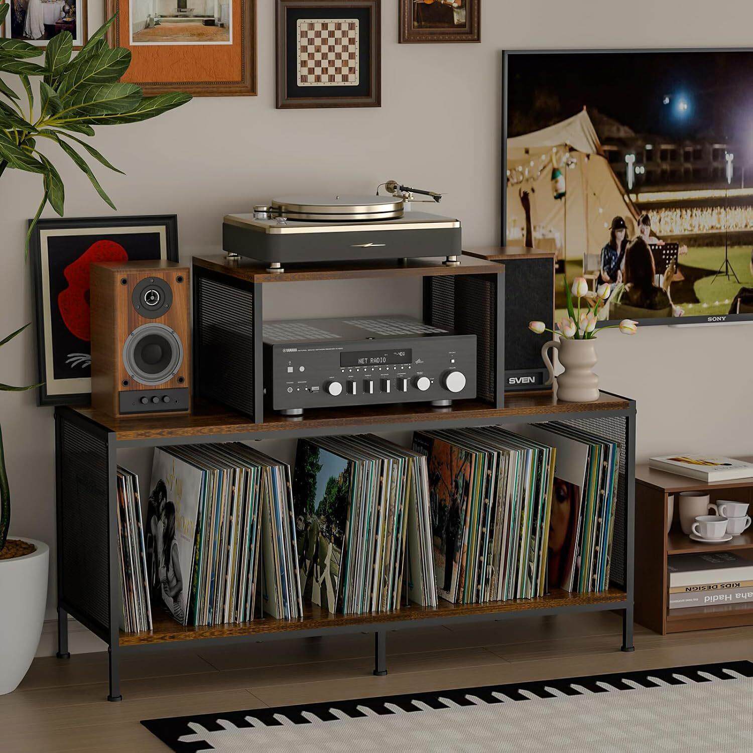 跨境热销双边唱片机桌大号黑胶唱片收纳架书房音响摆放架功放机桌