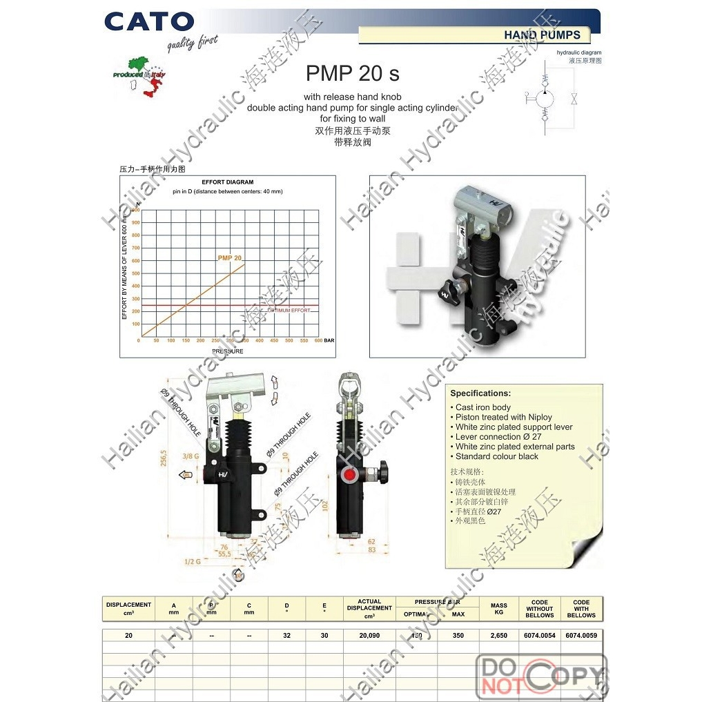 CATO双作用液压手动泵HAND PUMP PMP20S释放阀release hand knob