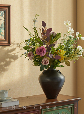 Hinice 侘寂风陶瓷花瓶黑色三耳陶罐法式中古风客厅桌面水培花器