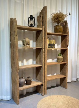 Hinice侘寂风置物博古架复古中古老实木民宿装饰品摆件书架展示柜