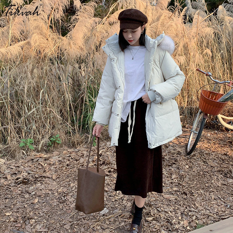 TIKVAH白色中长款羽绒服女冬季新款白鸭绒小个子轻薄连帽宽松外套