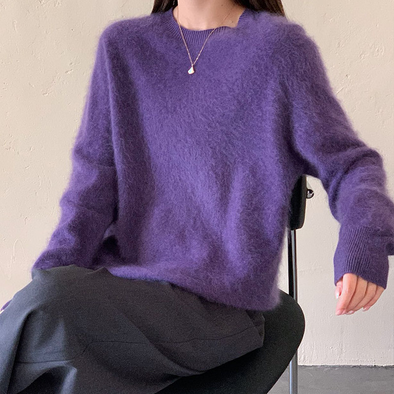 TIKVAH慵懒风女圆领垂坠感休闲长袖针织衫高级感羊毛宽松拉绒毛衣