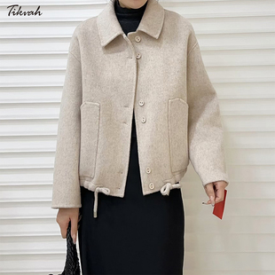 TIKVAH新款女双面羊毛呢短款翻领大衣设计感小个子外套小香风上衣