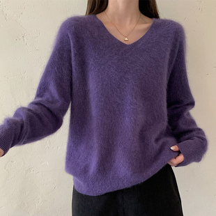 TIKVAH新款慵懒风V领女长袖针织衫宽松时尚百搭羊毛高级拉绒毛衣