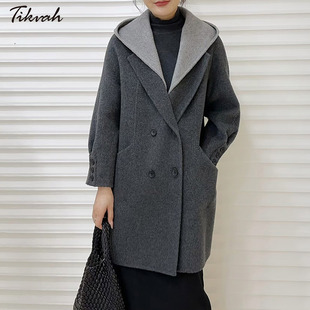 TIKVAH韩系新款女中长款可拆卸连帽双面羊毛呢大衣设计感宽松外套