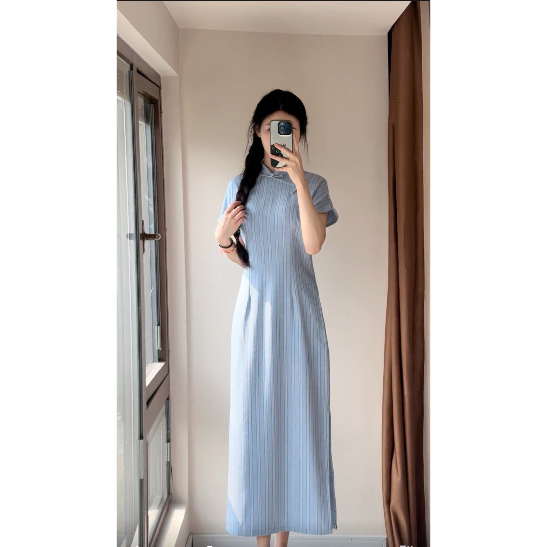 四季予她【西江月】夏季新款蓝色竖条纹清新文艺少女旗袍 衣长118