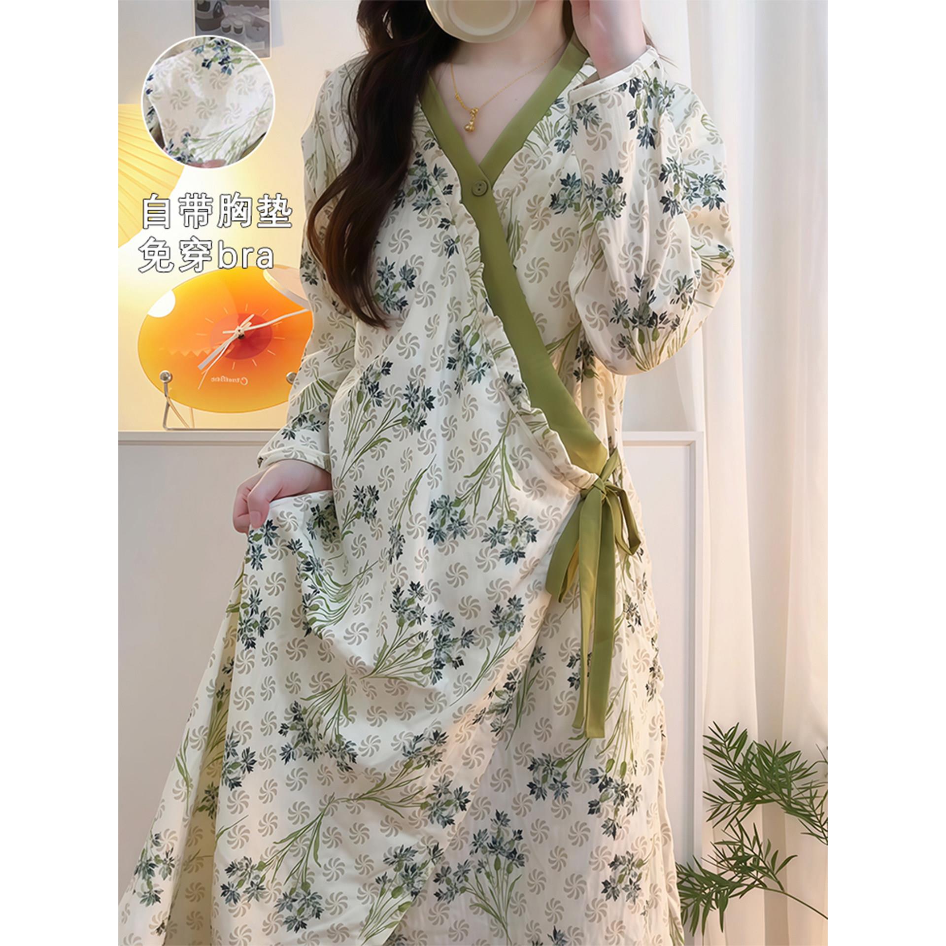 新中式睡衣女春秋2025新款带胸垫长袖和服睡裙浴袍家居服外穿冬季