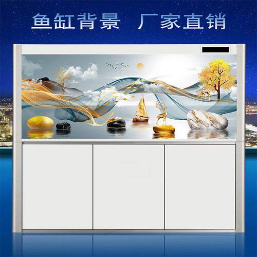 鱼缸背景贴纸招财鹿高山水画高清图水族箱3d壁纸自粘静电贴aa