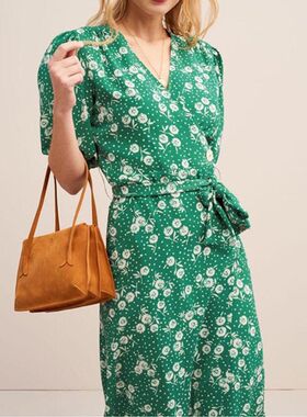 绿色法式真丝茶歇裙 2025夏季连衣裙女V领泡泡袖裙子桑蚕丝连衣裙