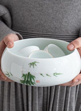 手绘陶瓷茶洗大号家用功夫茶具配件茶杯收纳盆白瓷水洗碗笔洗水盂