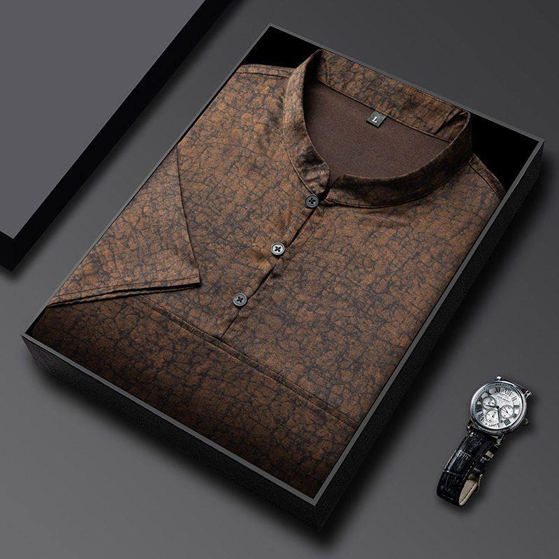 2025夏季新款桑蚕丝短袖T恤男士潮流中国风立领上衣休闲真丝 体恤