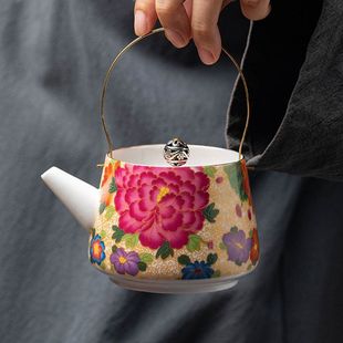 珐琅彩牡丹花茶壶陶瓷单壶大容量过滤泡茶器家用掐丝提梁壶 中式