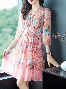 78028双绉真丝碎花连衣裙温柔风七分袖桑蚕丝印花修腰裙子夏季女