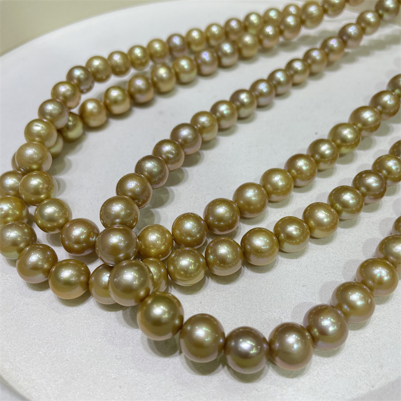 丝麦尔珠宝淡水爱迪生金色近正圆强光微瑕9-10mm珍珠项链半成品