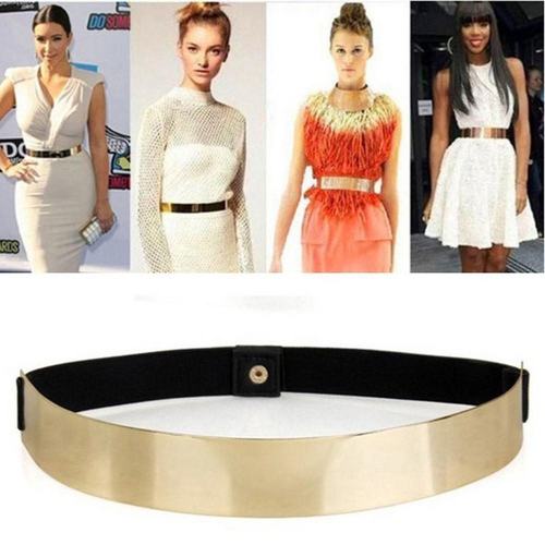 woman Gold Plate Slim Simple Band Elastic Metal Waist Belt