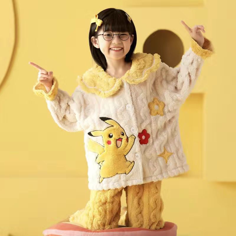 女童可爱珊瑚绒开衫睡衣秋冬季女宝宝加厚保暖法兰绒冬装家居服潮